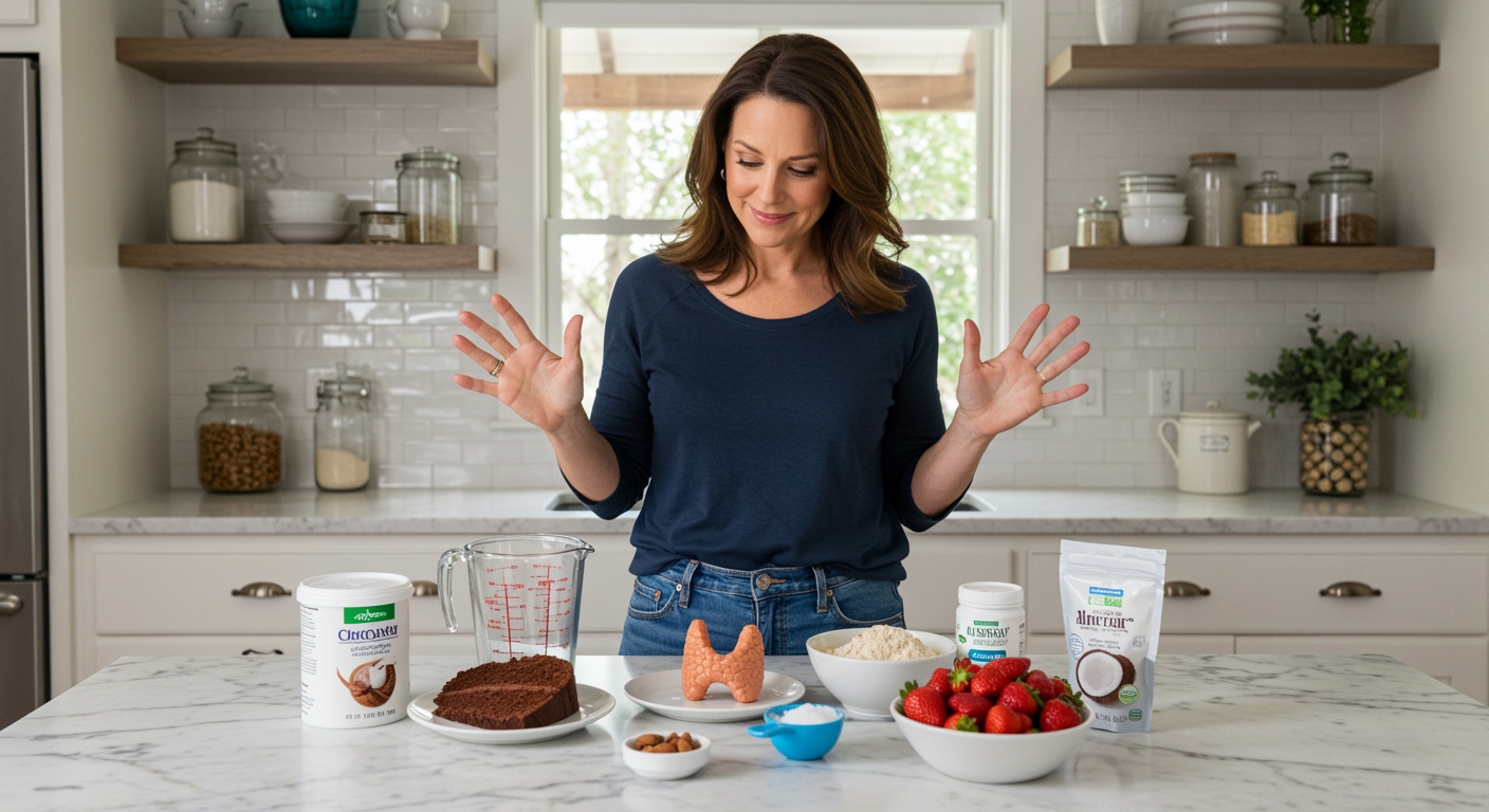 Woman standing behind marble countertop with cake slice, thyroid model, measuring cup, and healthy ingredients in bright kitchen.