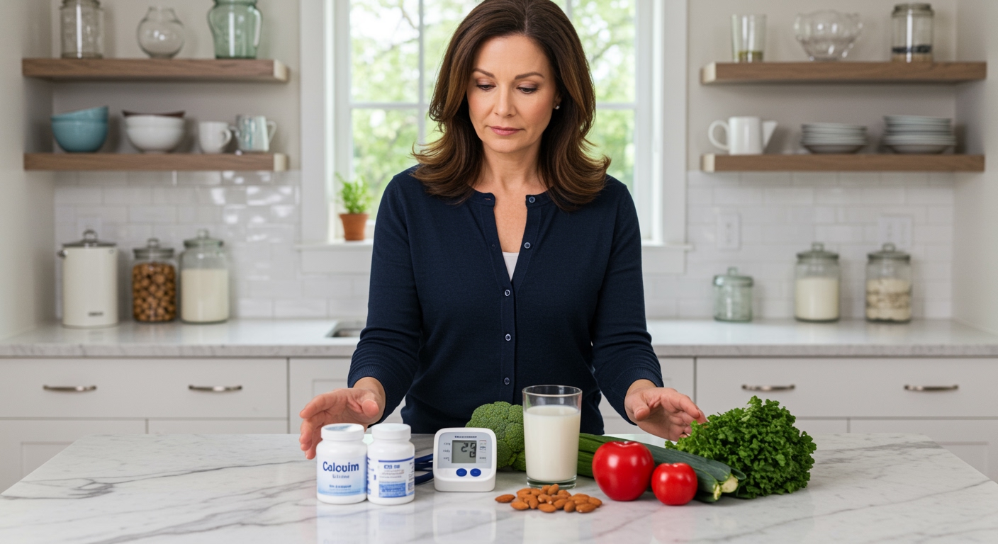Woman standing behind marble counter with calcium supplements, blood pressure monitor, and heart-healthy foods in bright kitchen