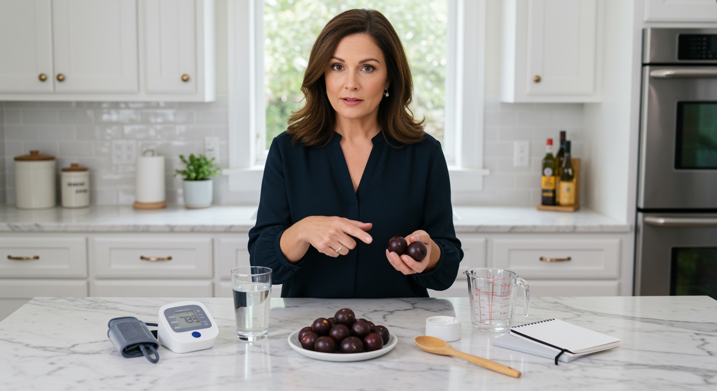 Middle-aged woman holding bowl of camu camu fruits while pointing at them on white marble countertop with blood pressure monitor