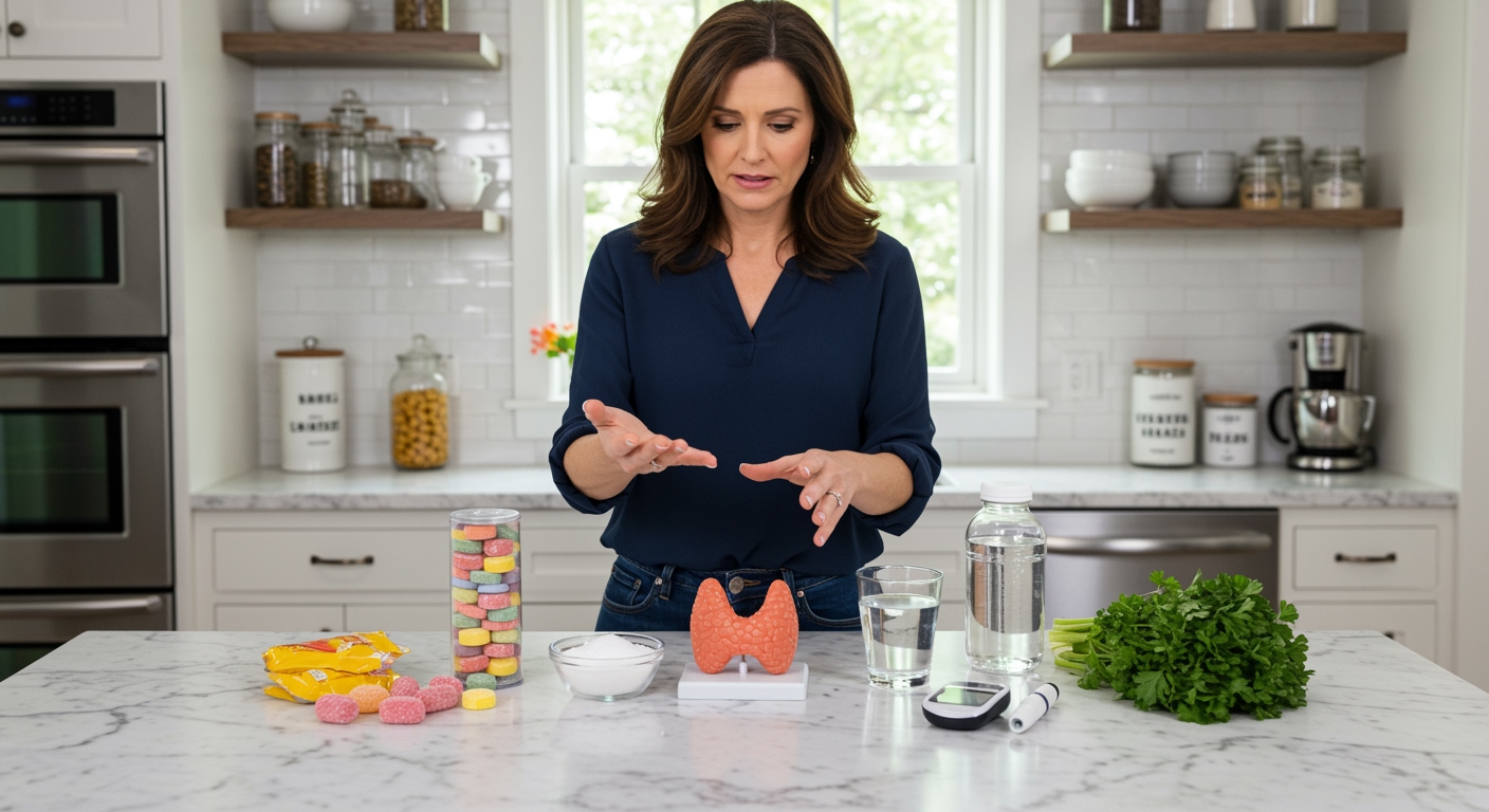 Woman holding candy roll while examining thyroid model on marble countertop with sugar, vegetables, and health monitoring items