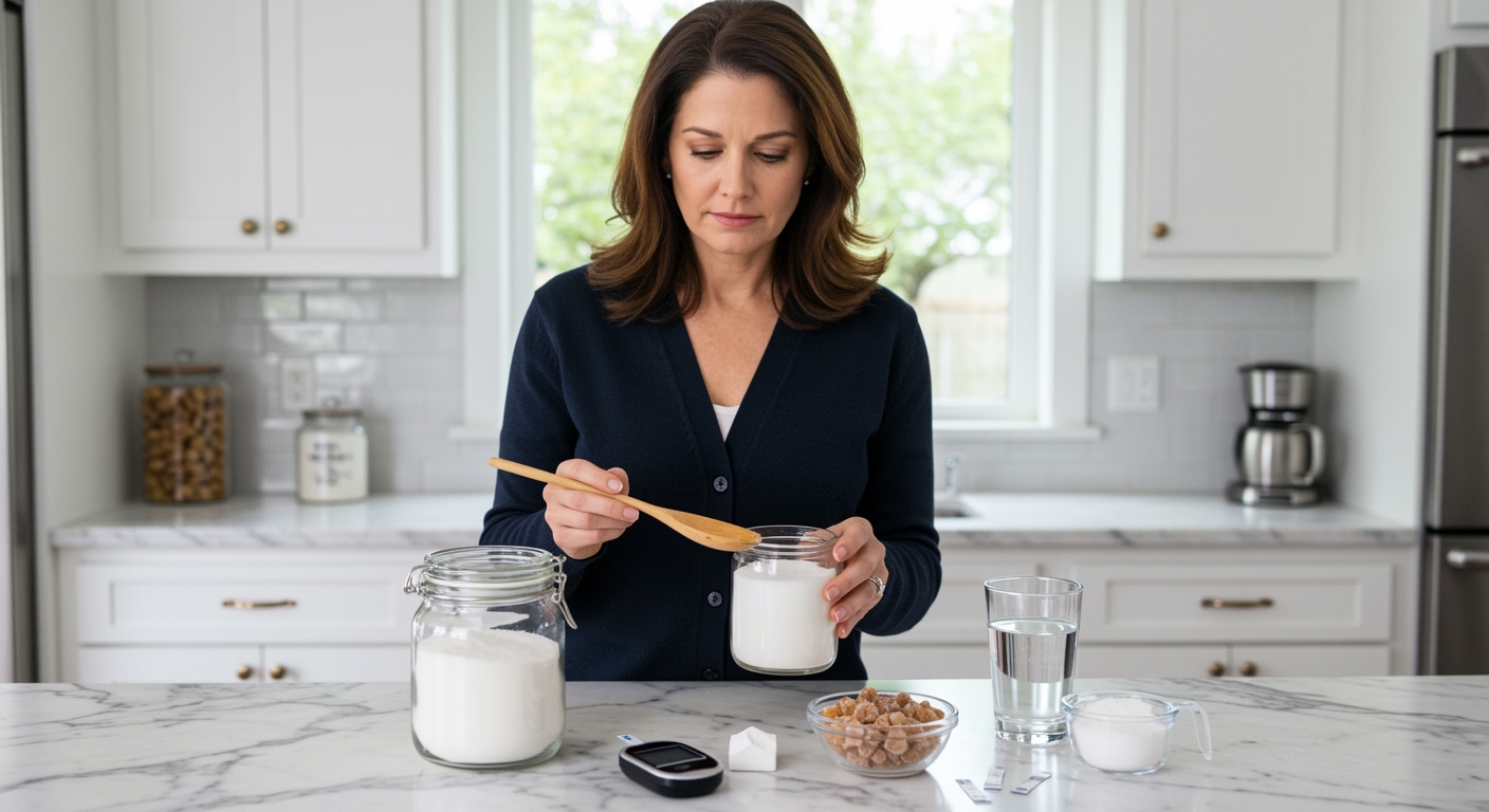 Middle-aged woman in navy cardigan examining cane sugar jar and blood glucose meter on white marble kitchen counter
