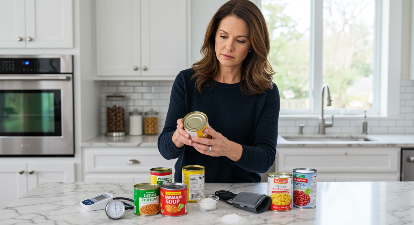 Woman holding soup can while examining canned foods and blood pressure monitor on white marble kitchen countertop