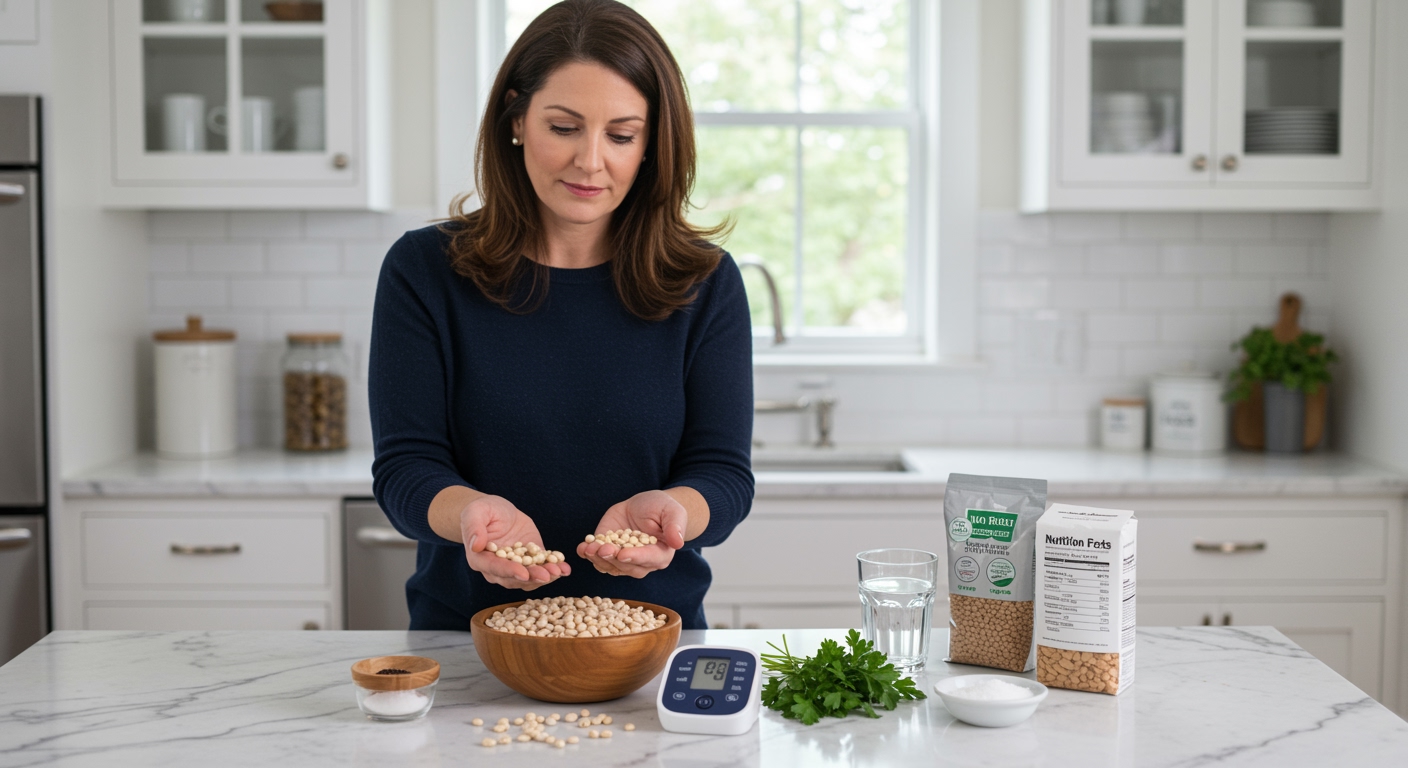 Woman pouring cannellini beans from bowl on marble countertop with blood pressure monitor and nutrition items in modern kitchen