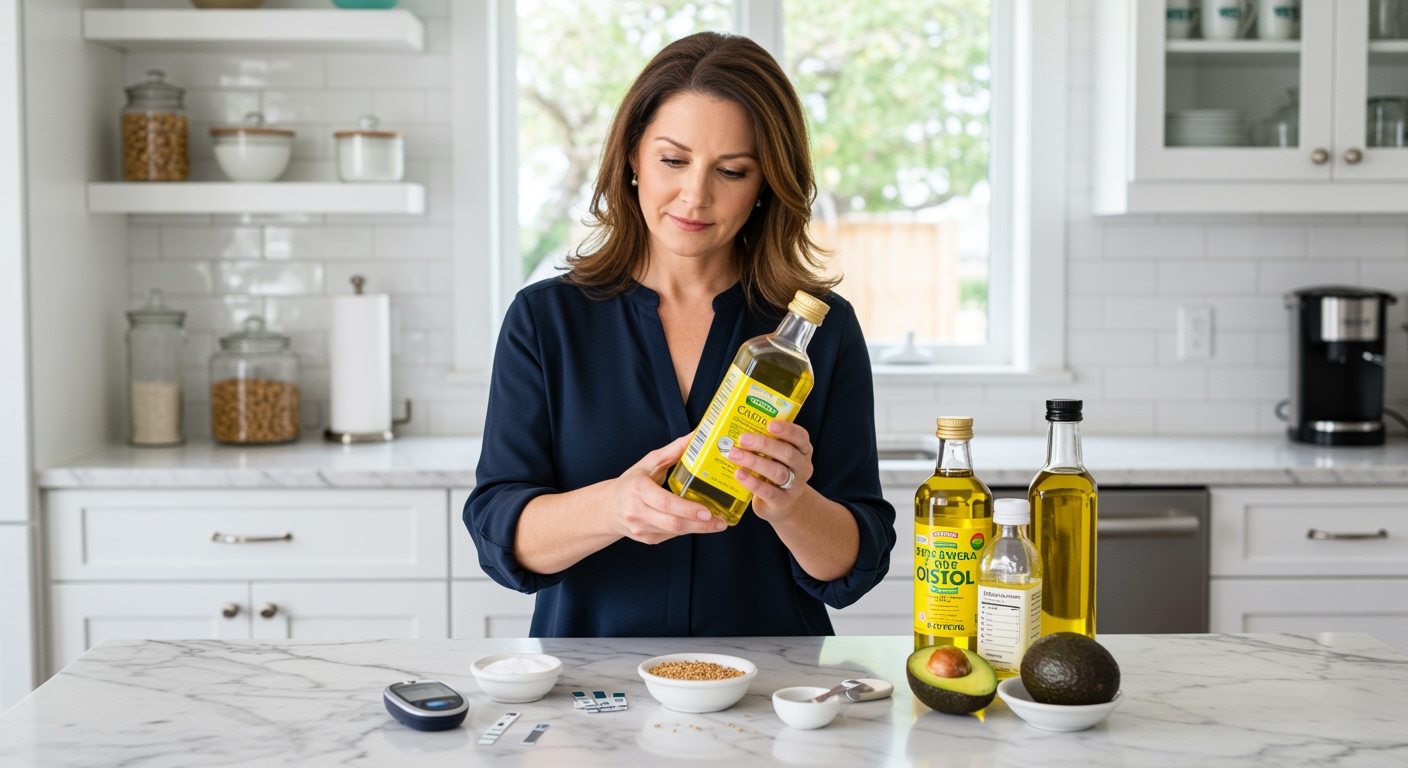 Middle-aged woman holding canola oil bottle examining it with glucose meter and cooking ingredients on marble countertop