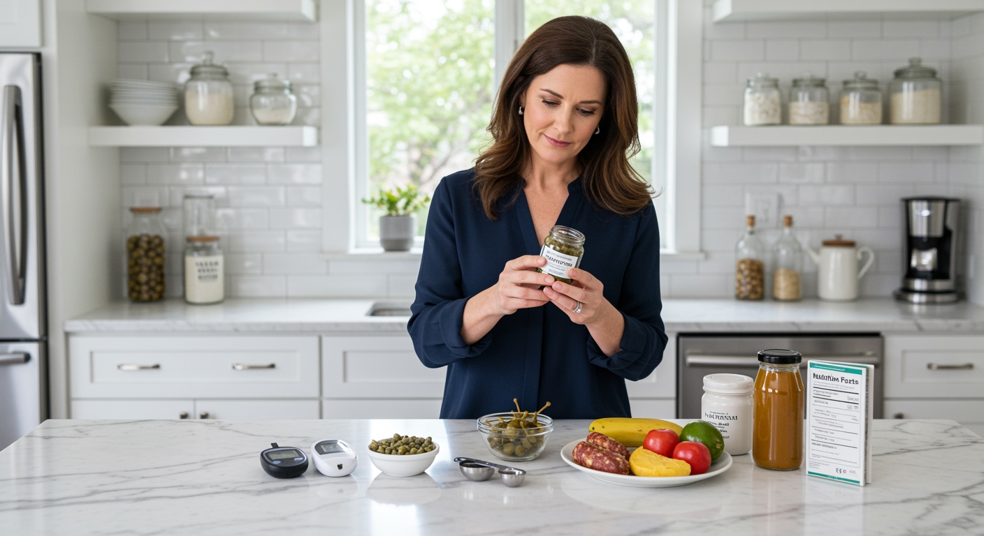 Middle-aged woman holding jar of capers behind marble counter with blood glucose meter and Mediterranean foods in modern kitchen