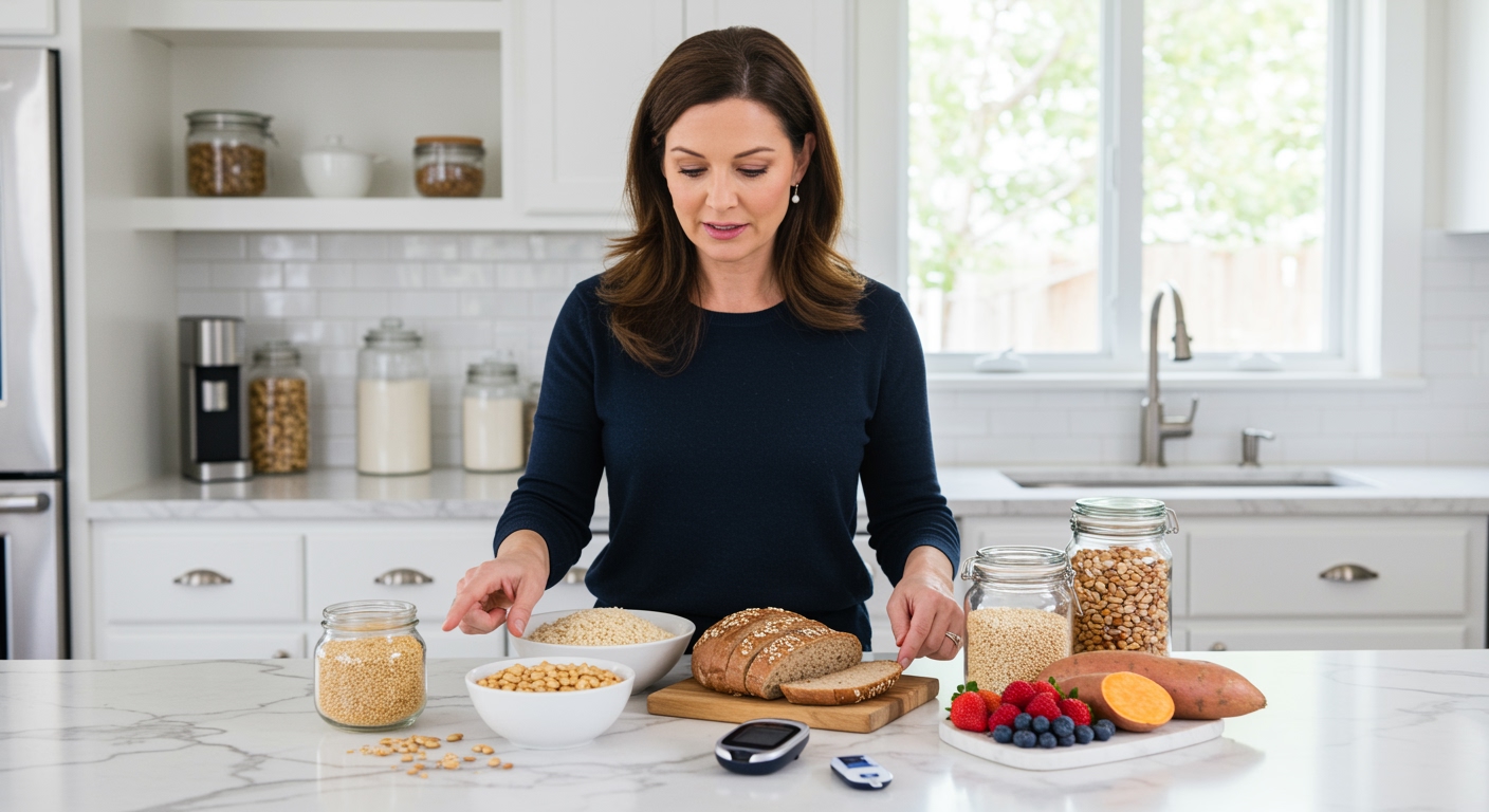 Middle-aged woman in navy sweater pointing at various carbohydrate foods and glucose meter arranged on white marble countertop