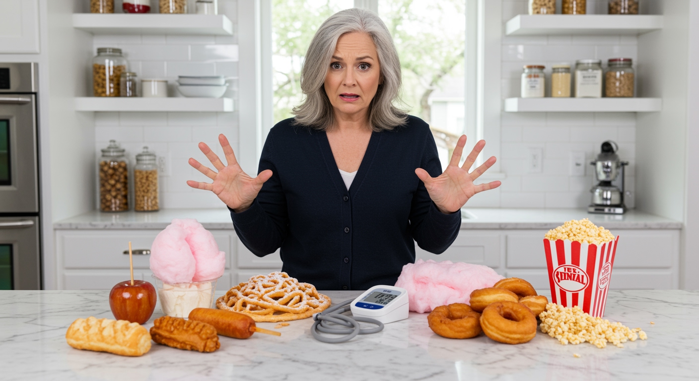 Middle-aged woman pointing at blood pressure monitor next to carnival foods on marble countertop in modern kitchen