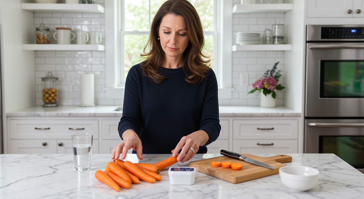 Middle-aged woman holding carrot behind marble counter with blood pressure monitor and fresh vegetables in bright kitchen