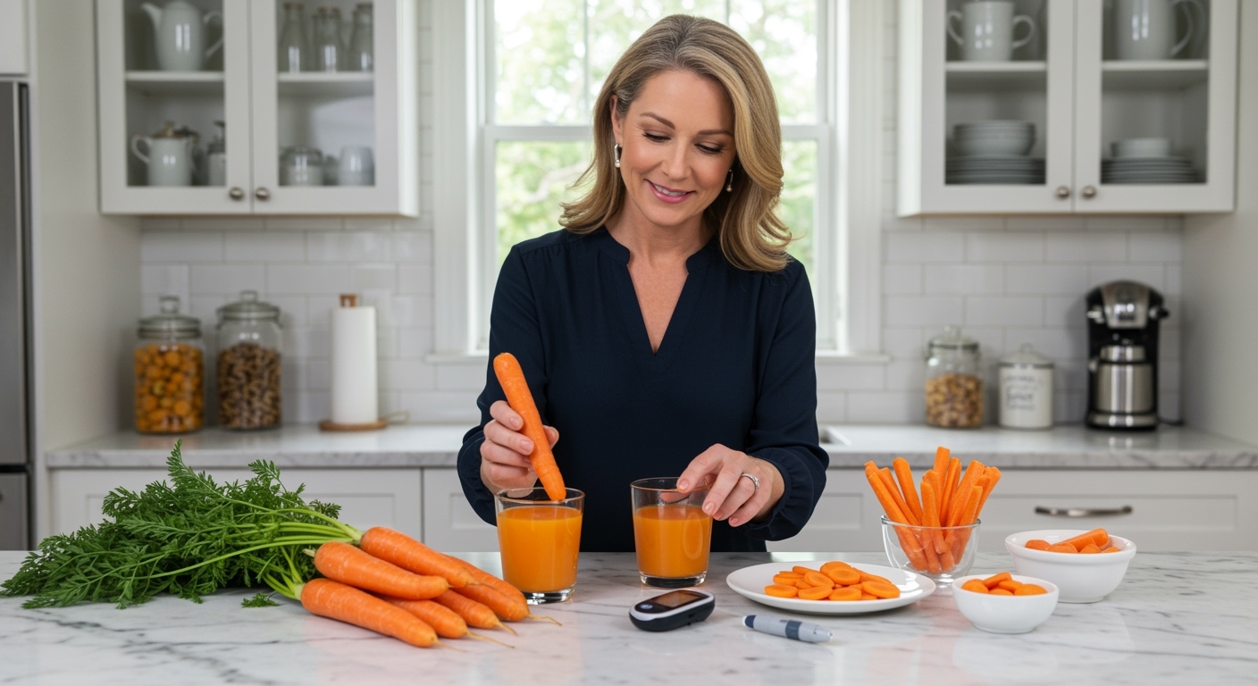 Woman holding carrot while gesturing toward blood glucose meter with fresh carrots, carrot juice, and sliced carrots on marble counter