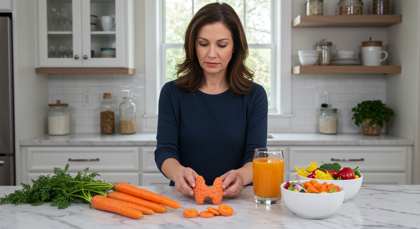 Woman holding carrot while examining thyroid model and vegetables on white marble countertop in bright modern kitchen