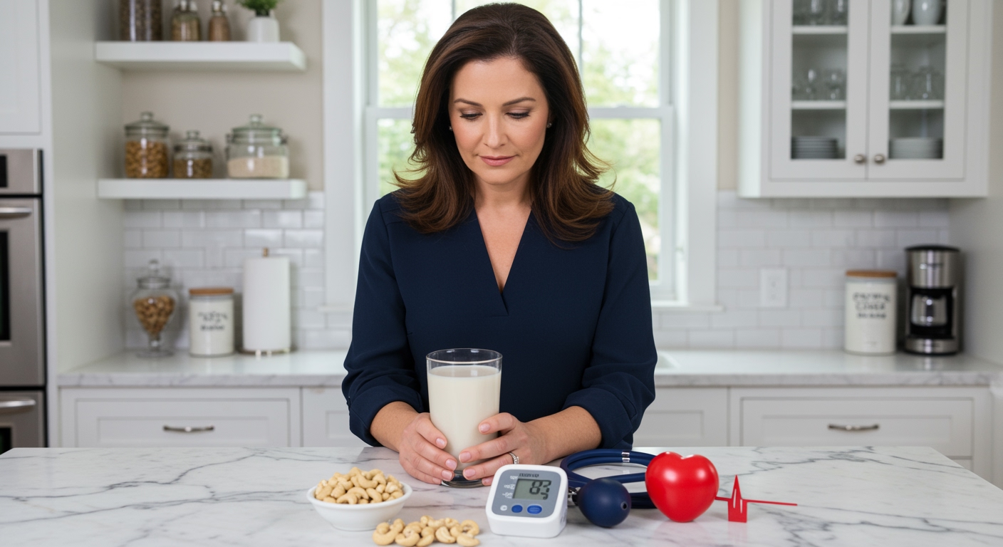Woman holding glass of cashew milk with blood pressure monitor and heart symbol on marble kitchen counter in bright modern setting.