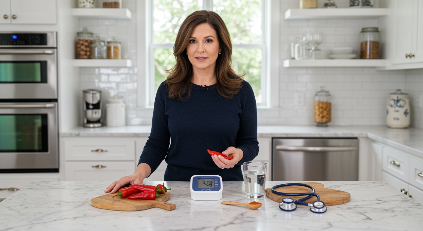 Woman holding cayenne pepper with blood pressure monitor and health items on white marble kitchen counter