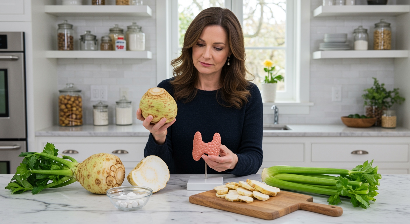 Middle-aged woman holding celeriac root on marble counter with thyroid gland model, medication, and fresh vegetables visible