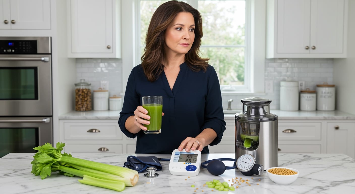Woman holding celery juice glass with blood pressure monitor and fresh celery stalks on marble kitchen counter
