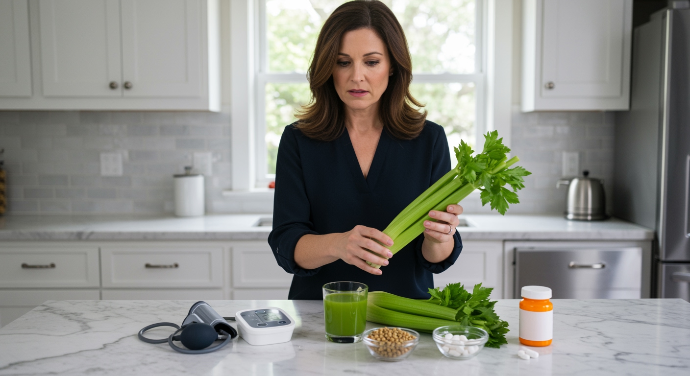 Woman holding celery stalks behind marble counter with blood pressure monitor and health items visible in bright kitchen