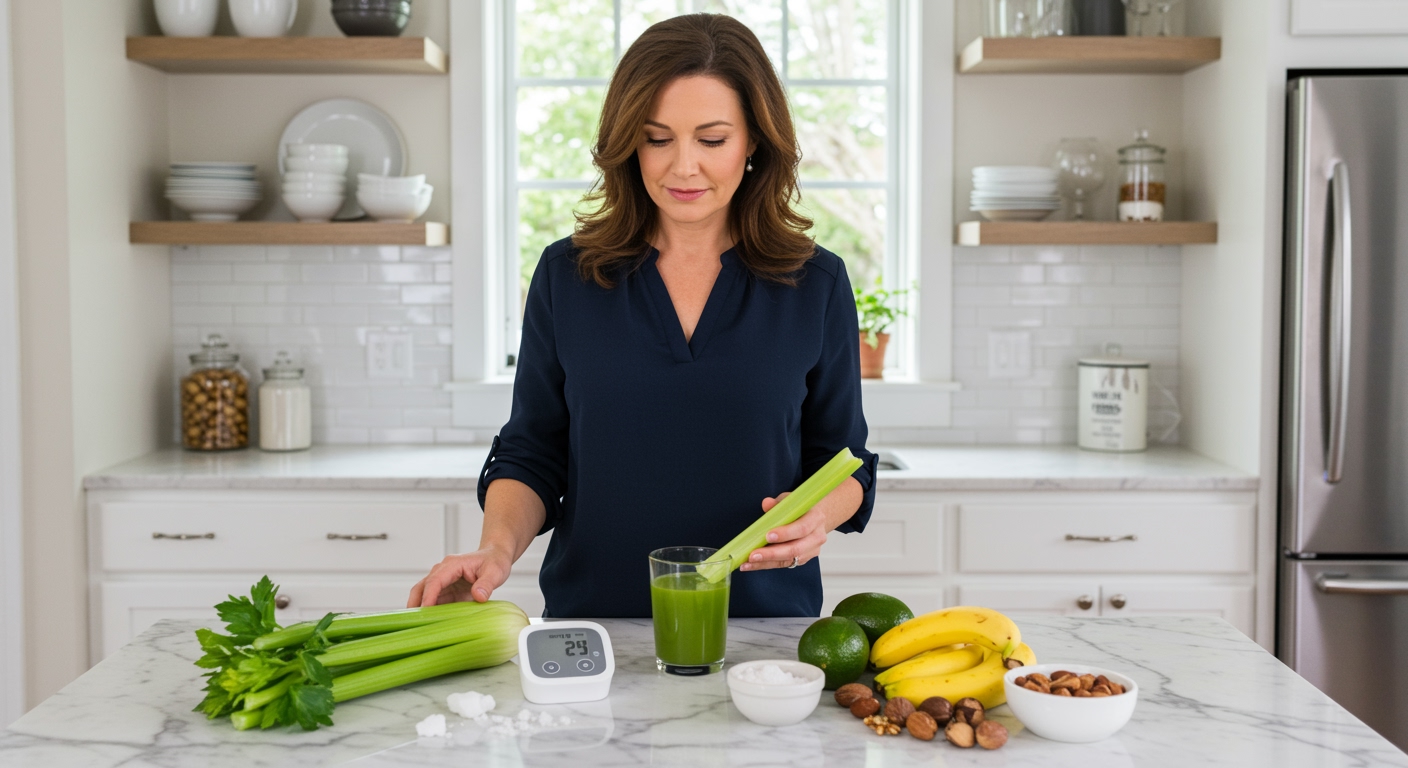 Woman examining fresh celery stalks on marble counter with blood pressure monitor and healthy foods in modern kitchen