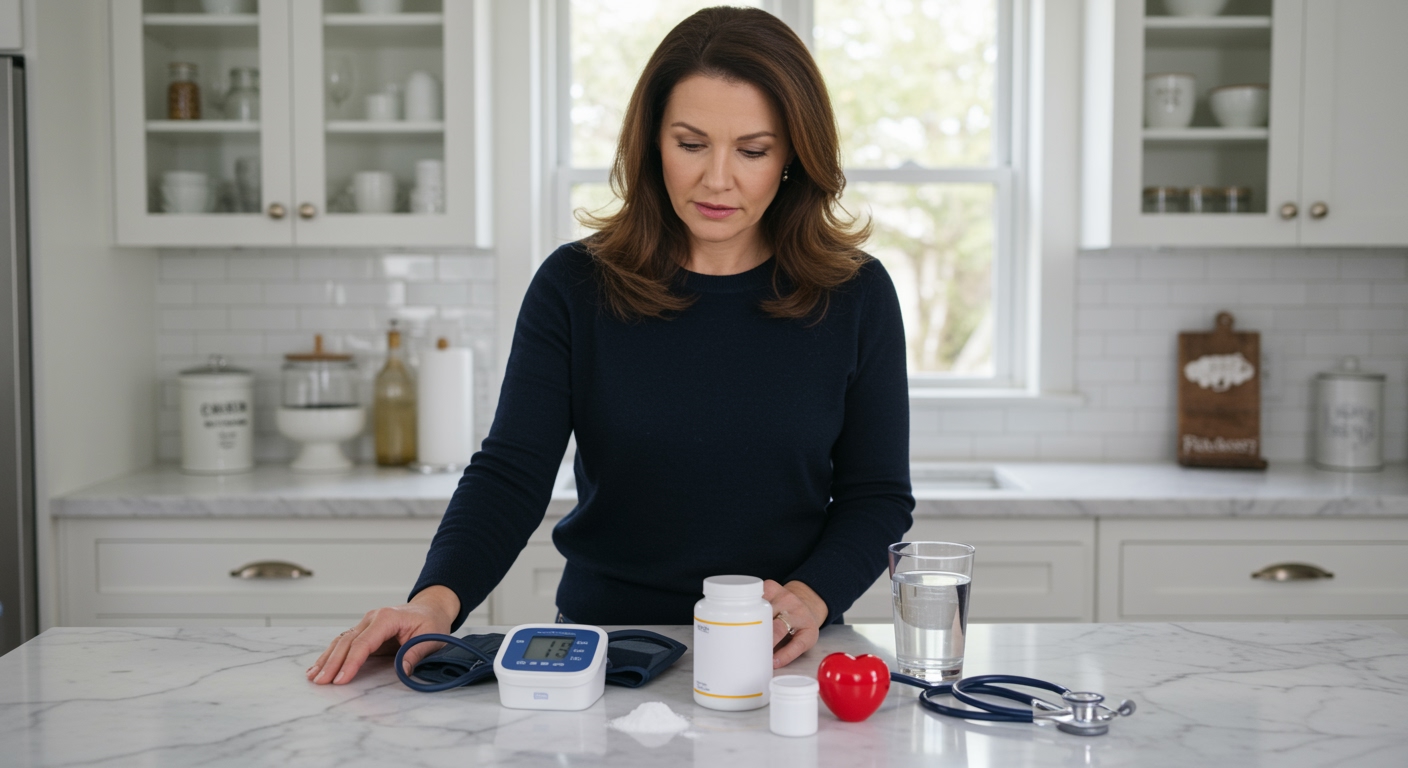 Woman examining cesium supplements and blood pressure monitor on marble countertop in bright modern kitchen setting