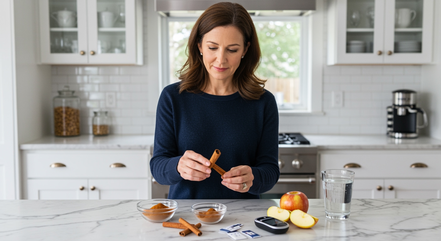 Woman examining cinnamon sticks on marble counter with blood glucose meter and apple slices in modern kitchen