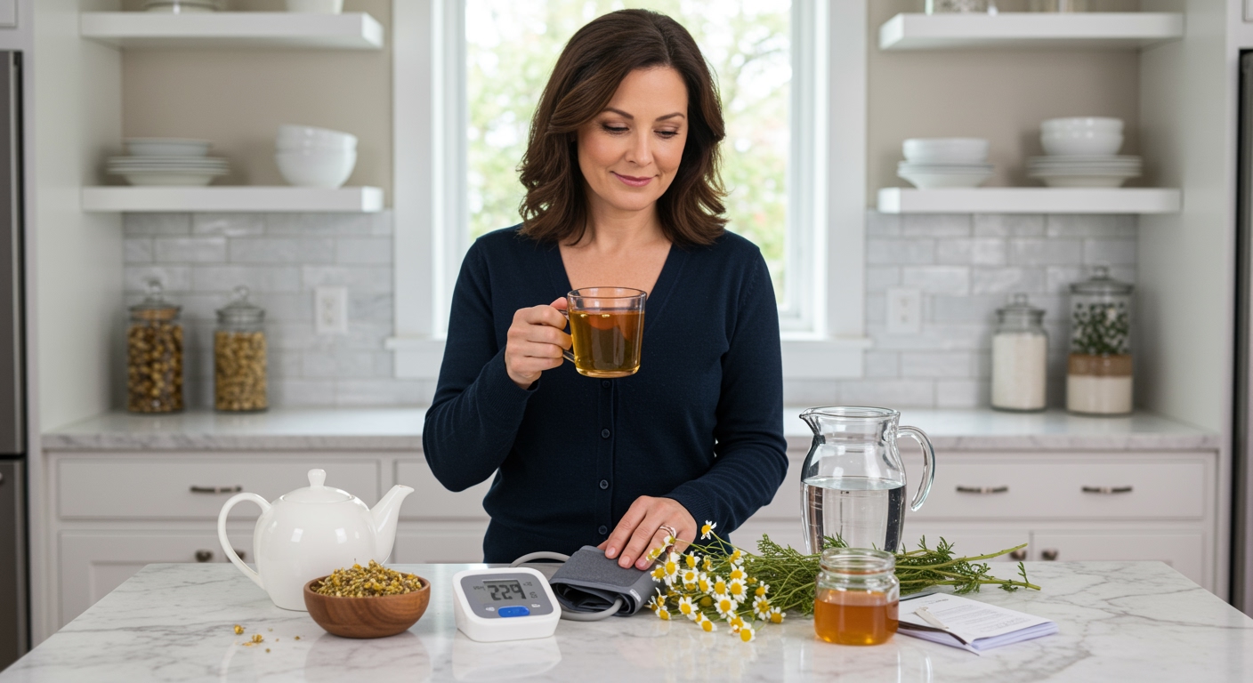Middle-aged woman holding chamomile tea cup behind marble counter with blood pressure monitor and dried flowers visible