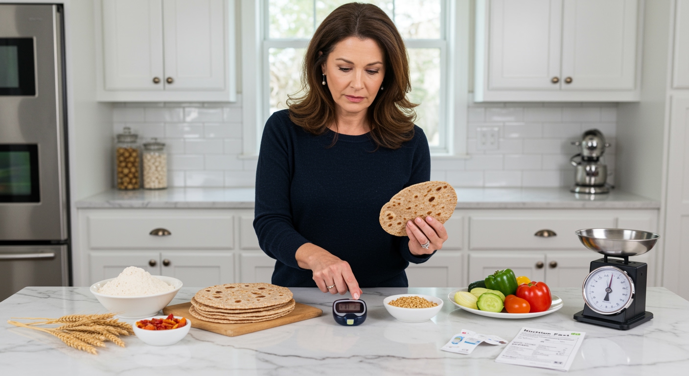 Middle-aged woman in navy sweater examining whole wheat chapati while standing behind marble counter with glucose meter and food items