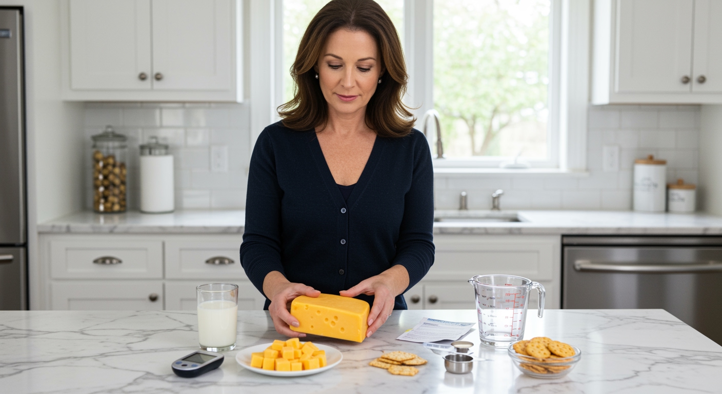 Middle-aged woman examining cheddar cheese block with glucose meter and dairy products on white marble countertop in modern kitchen