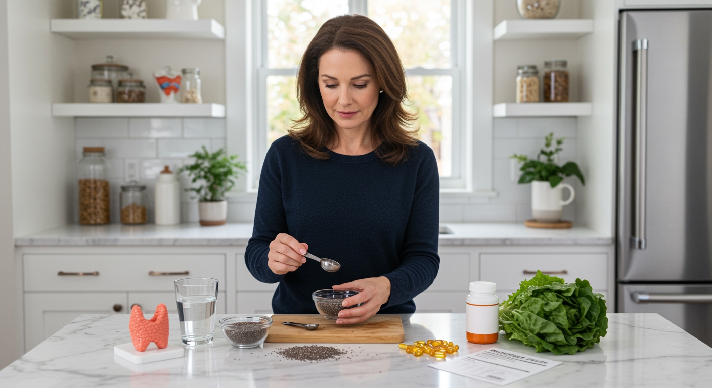 Middle-aged woman in navy sweater examining chia seeds in glass bowl on white marble countertop with thyroid model and supplements