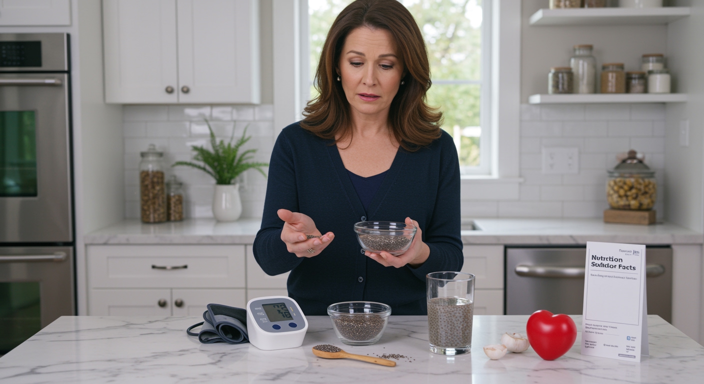 Woman holding chia seeds bowl with blood pressure monitor and health items on marble countertop in modern kitchen