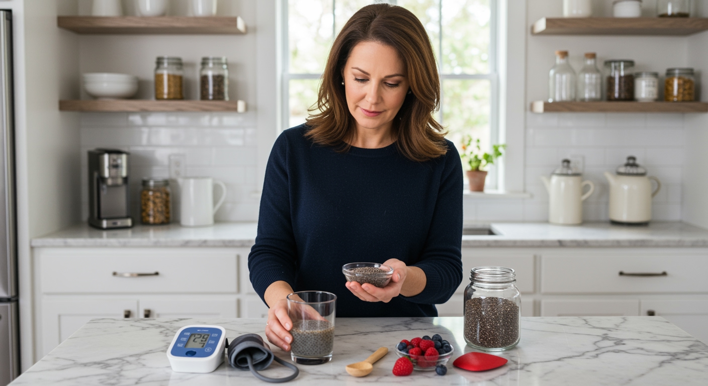 Woman examining chia seeds in glass bowl with blood pressure monitor and heart health items on white marble kitchen counter