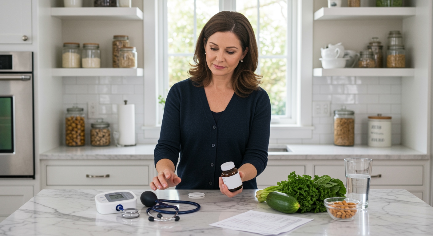Woman holding supplement bottle while examining blood pressure monitor and health items on white marble kitchen counter