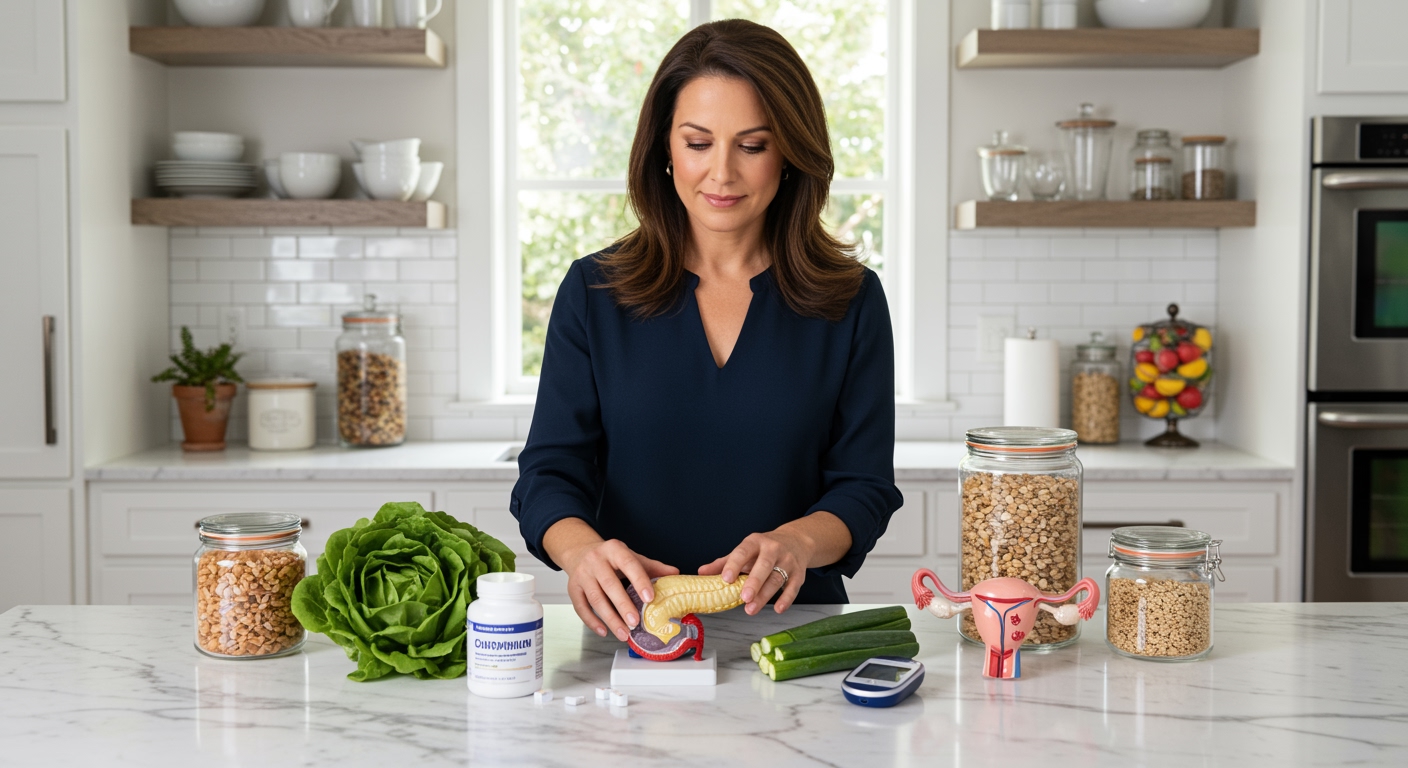 Middle-aged woman standing behind marble counter examining chromium supplements, fresh vegetables, and health monitoring devices