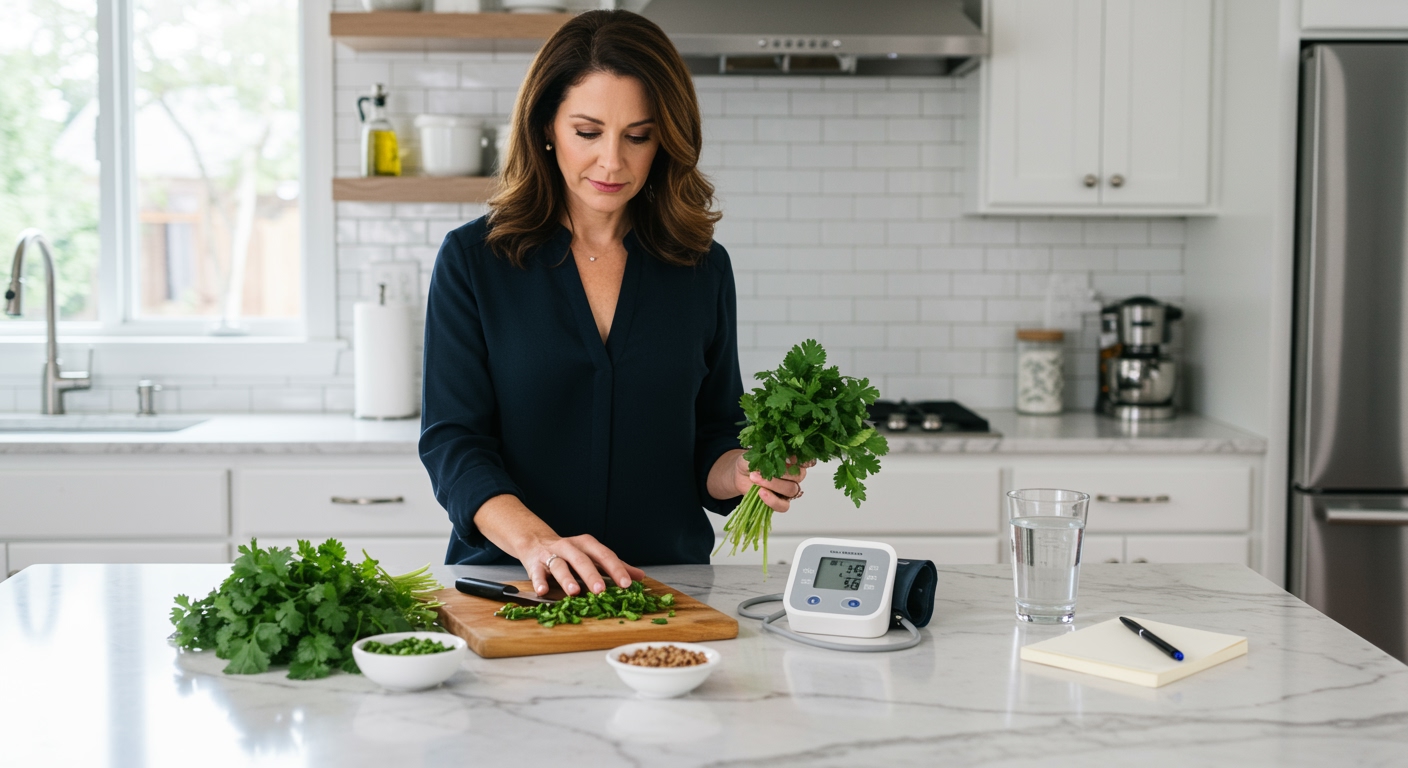 Woman holding cilantro bunch while standing behind marble counter with blood pressure monitor and herb preparation items