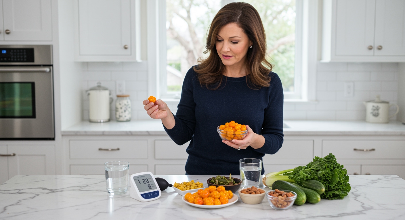 Woman holding bowl of cloudberries with blood pressure monitor and heart-healthy foods on marble countertop in modern kitchen