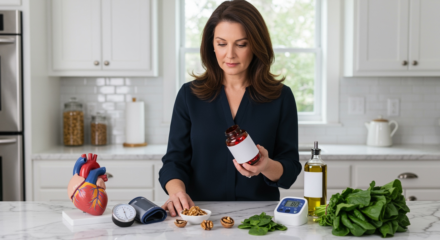 Middle-aged woman examining CoQ10 supplement bottle while standing behind marble counter with heart model and healthy foods