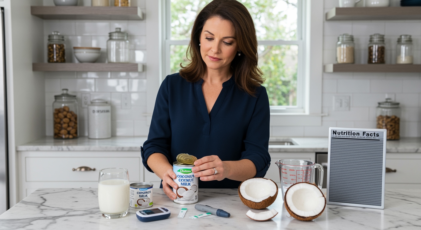 Middle-aged woman holding coconut milk can behind marble counter with glucose meter and coconut products in bright kitchen