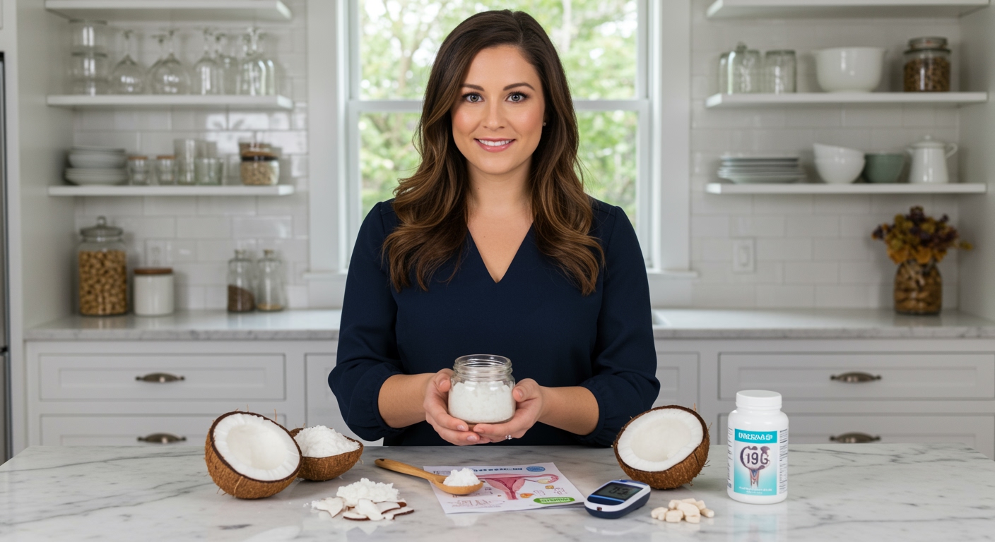 Woman holding coconut oil jar on marble counter with PCOS-related items including coconut pieces and health supplements