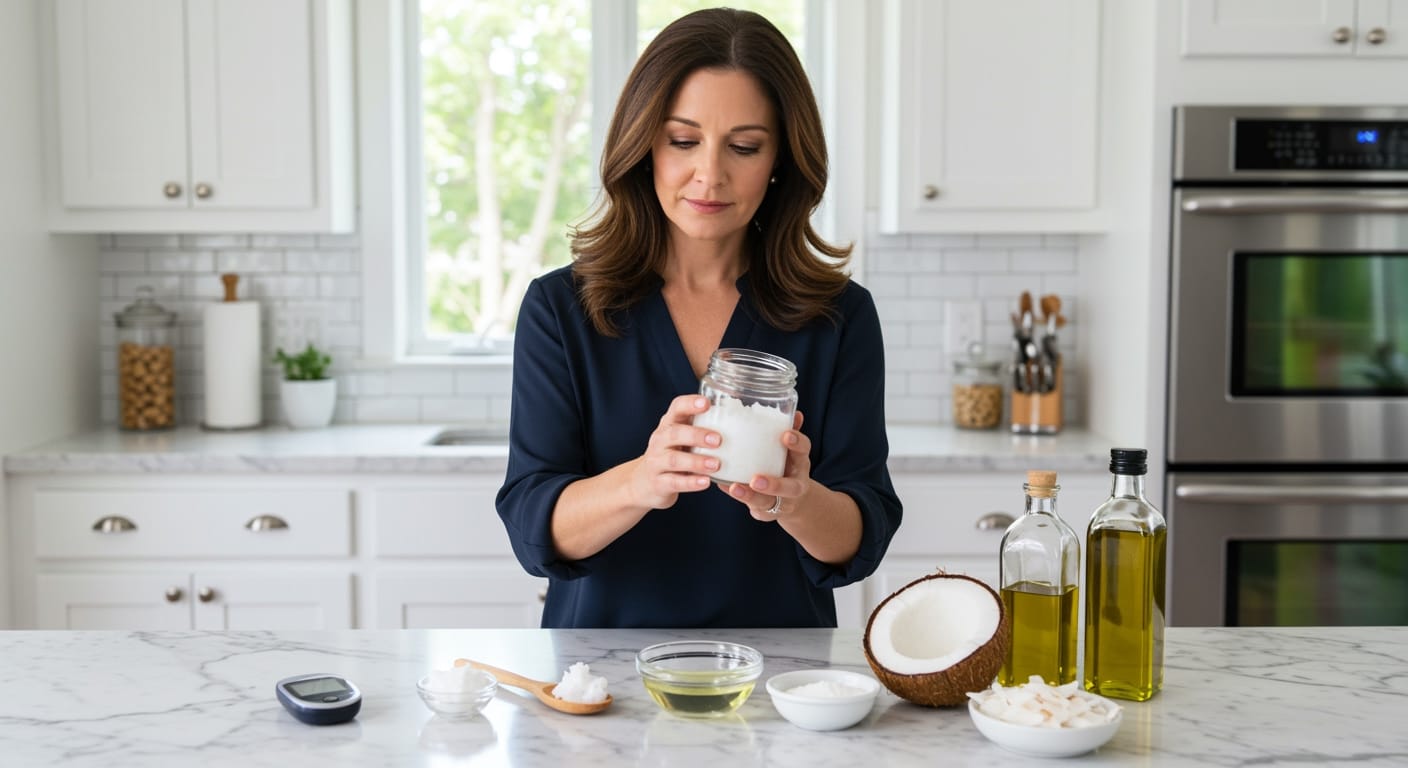 Woman holding glass jar of coconut oil with diabetes testing supplies and coconut products on white marble countertop
