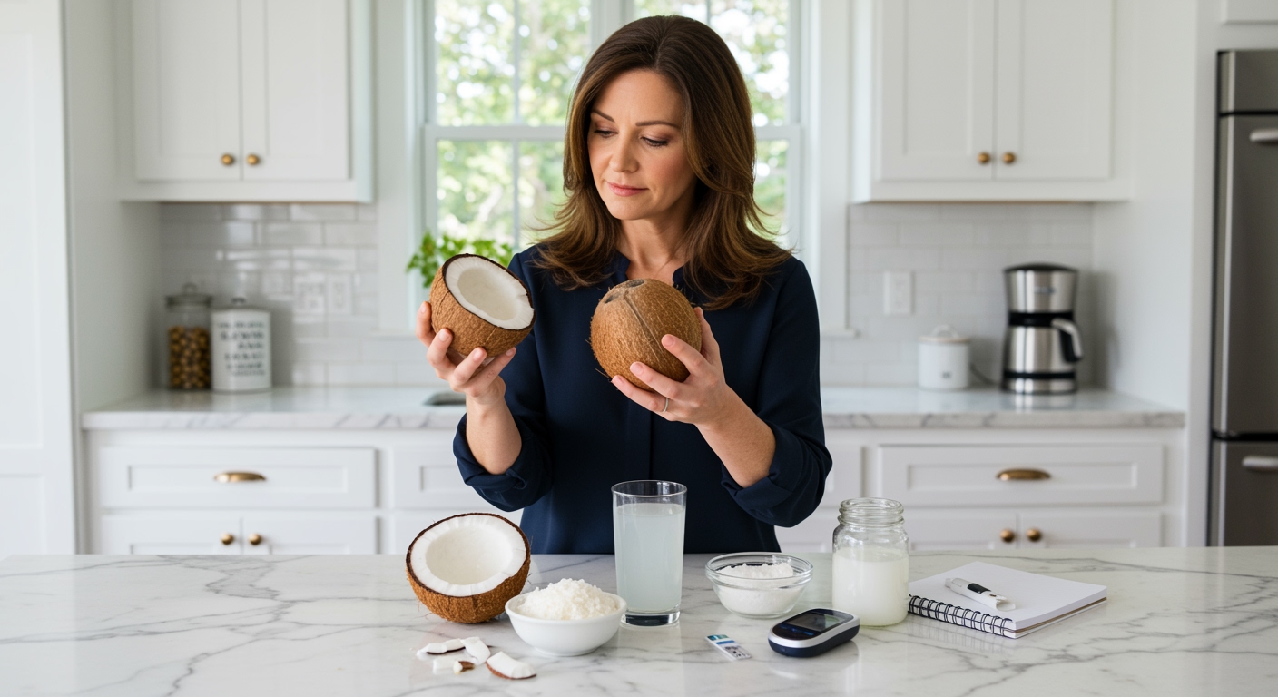 Middle-aged woman holding coconut behind marble counter with coconut products and blood glucose testing supplies arranged nearby
