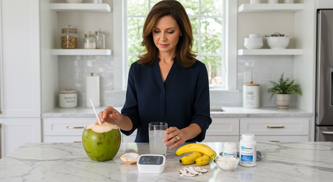 Woman standing behind marble counter with coconut water, blood pressure monitor, and health items in bright kitchen