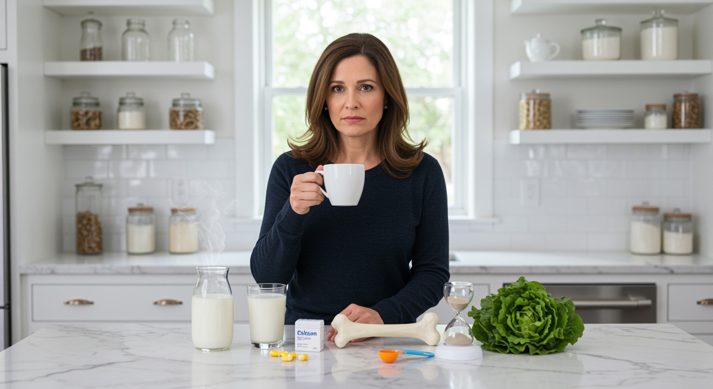 Woman holding coffee mug standing behind marble counter with bone model, supplements, and healthy foods in modern kitchen