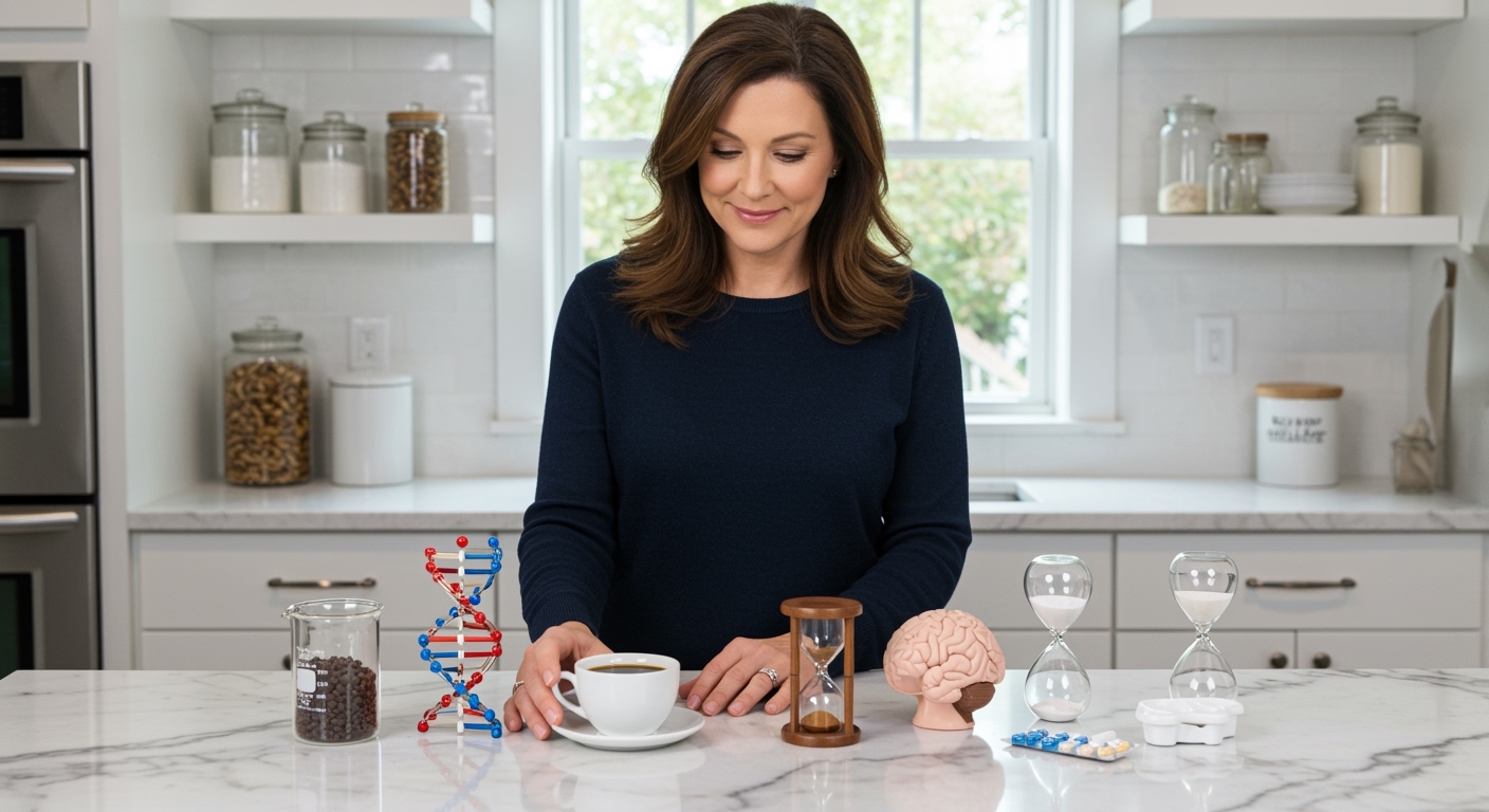Woman standing behind marble counter examining coffee cup, DNA model, brain model, and aging-related objects in bright kitchen