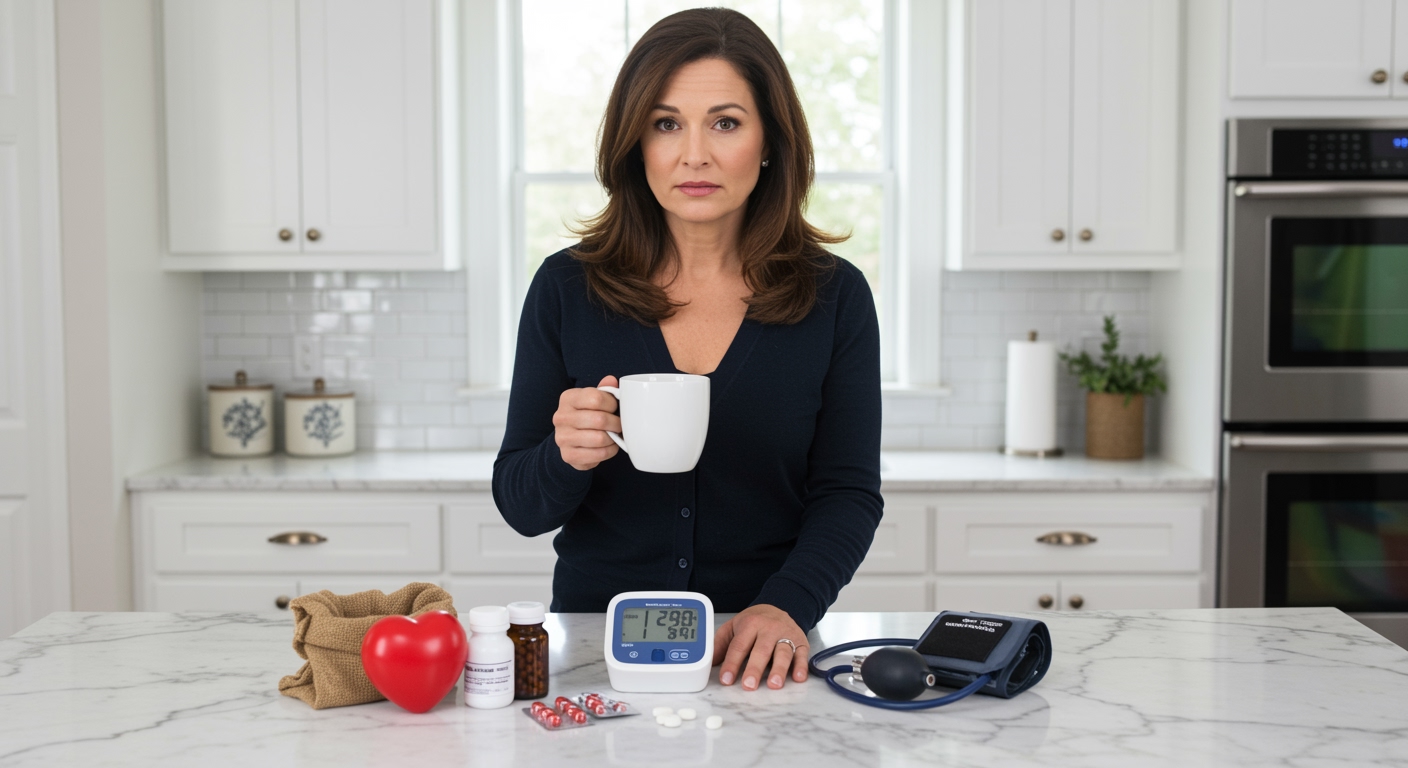 Middle-aged woman holding coffee mug standing behind marble counter with blood pressure monitor and heart health items