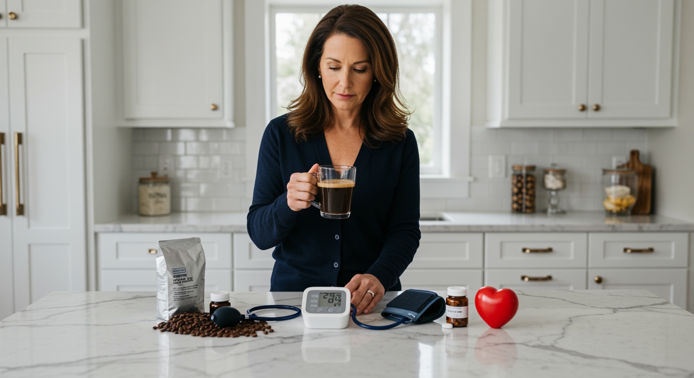 Woman holding coffee mug standing behind marble counter with blood pressure monitor and medical equipment in bright kitchen