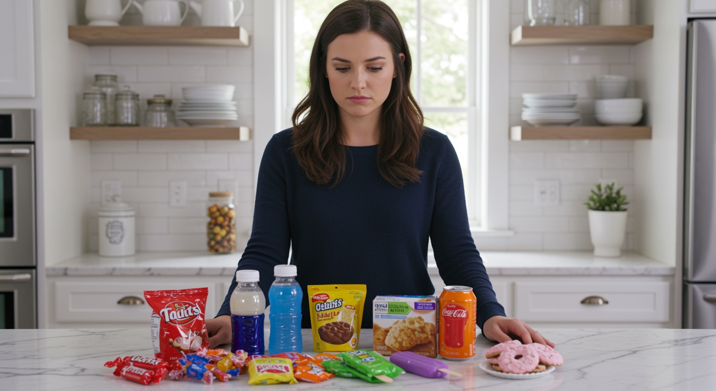 Young woman examining brightly colored packaged foods on white marble countertop in modern kitchen with natural lighting
