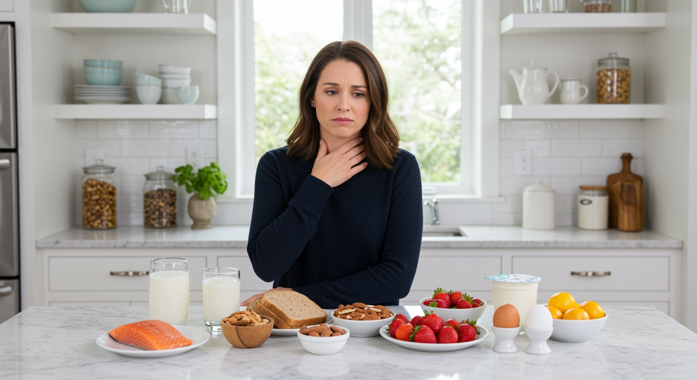 Woman touching throat while examining milk, bread, nuts, and other common allergen foods on white marble countertop in modern kitchen