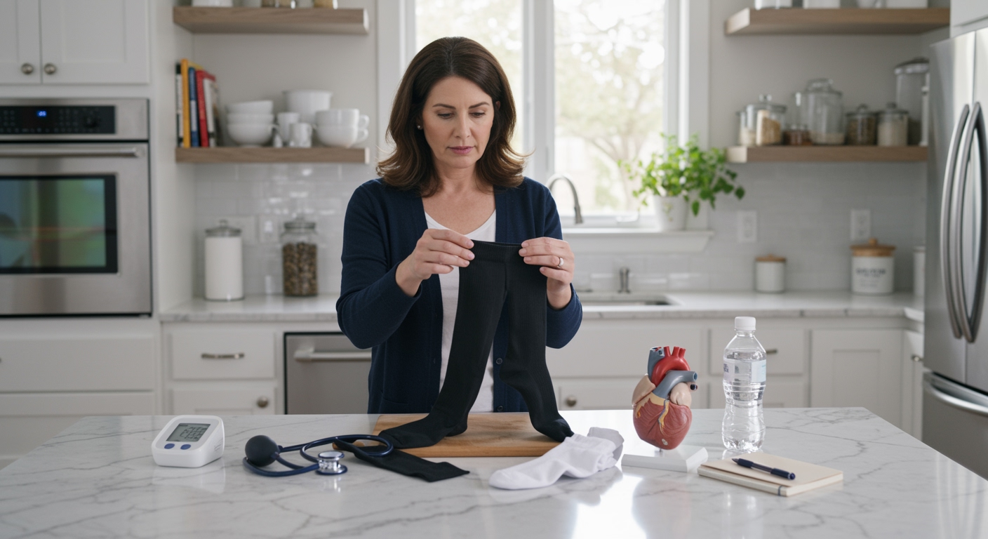 Woman holding black compression socks while standing at marble countertop with blood pressure monitor and health items visible