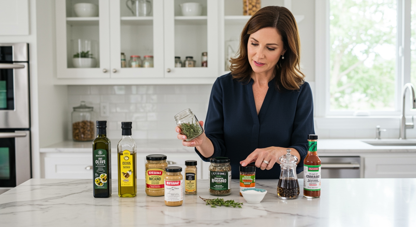 Middle-aged woman examining condiment bottles and jars on white marble countertop in modern kitchen with natural lighting
