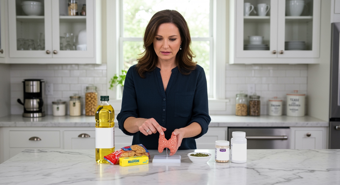 Middle-aged woman standing behind marble counter examining cooking oil bottle while pointing at thyroid model with various food items