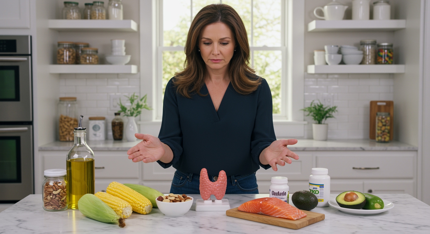 Woman standing behind marble counter examining corn oil bottle and thyroid model with fresh corn, salmon, nuts, and supplements.