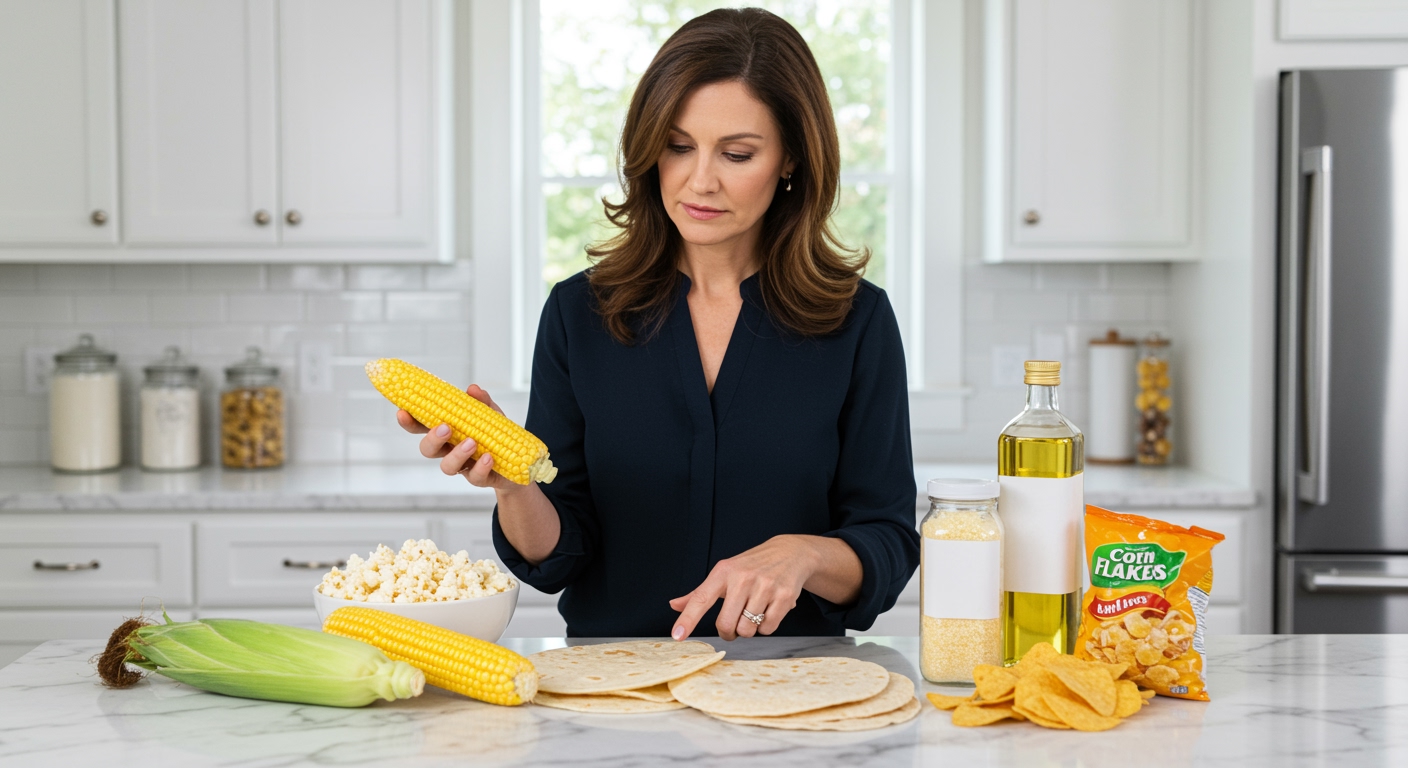 Middle-aged woman in dark blouse examining corn products on white marble counter in bright modern kitchen