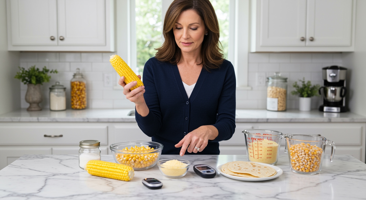 Woman holding corn ear behind marble countertop with corn products, glucose meter, and kitchen items in bright modern kitchen